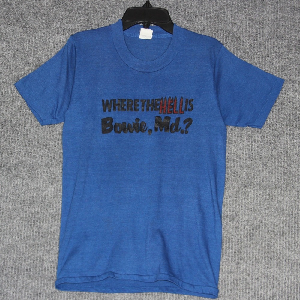 Vintage Where‎ The Hell is Bowie MD T Shirt Mens Small 50/50 Blend Blue Rare